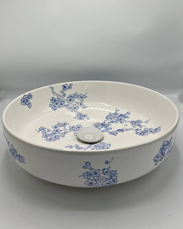 کاسه روشویی طرح شکوفه آبی قطر ۴۰ سانتیمتر